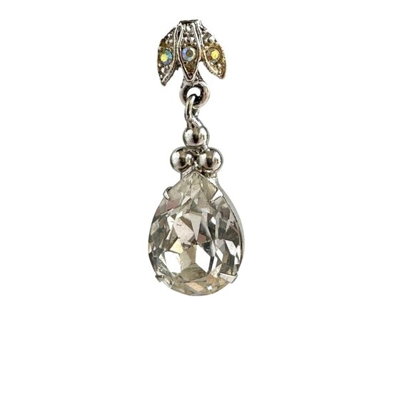 Art Deco Style Tear Drop Clear Rhinestone Earrings With Leaf Accents For Pierced - Picture 6 of 9